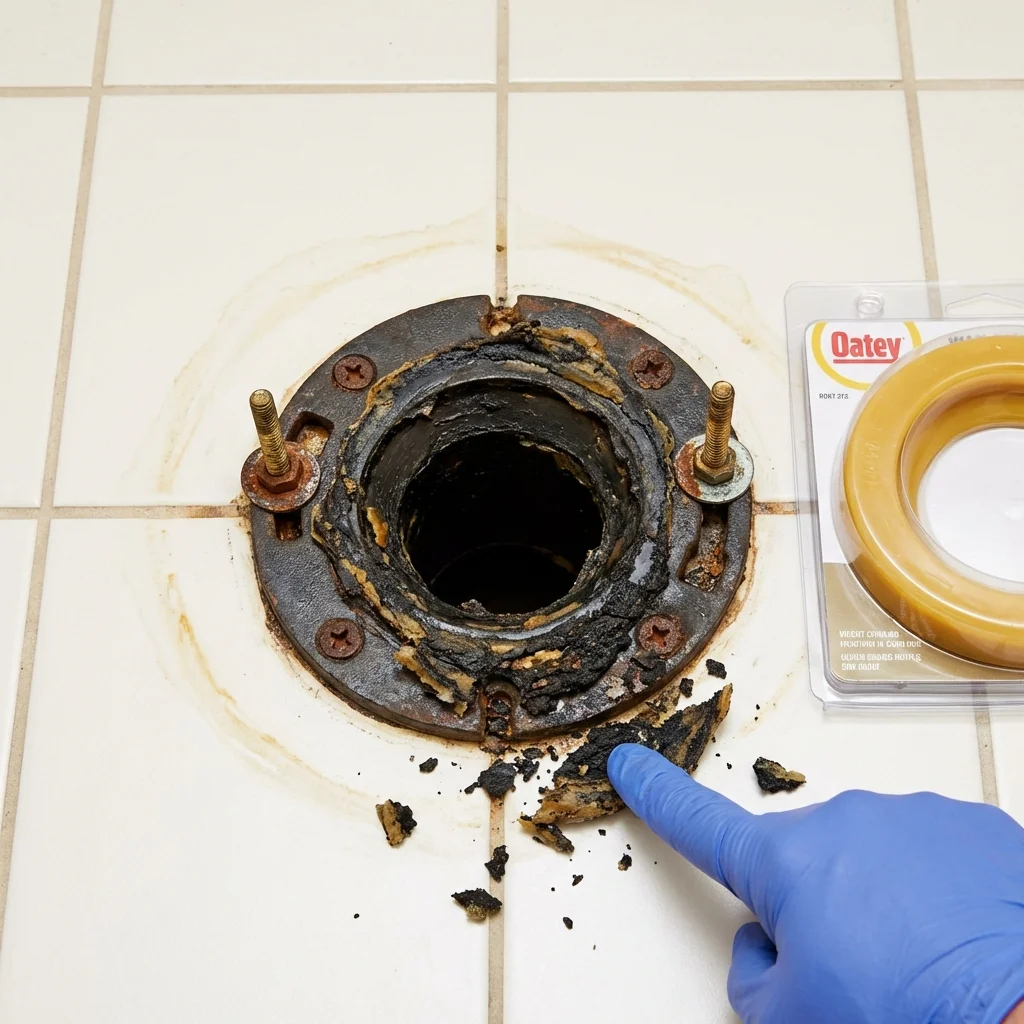 Failed wax ring showing water seepage at the base of a toilet in a Litchfield, MN home