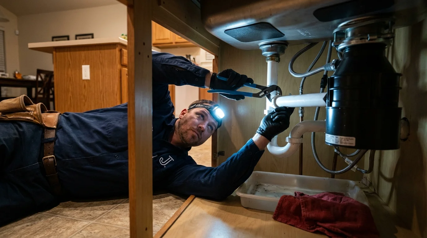 P-trap and supply line connections under a kitchen sink showing a common leak point in Litchfield, MN